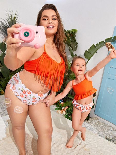 

plus 1set orange print fringe trim bikini swimsuit f2nu#, White;black