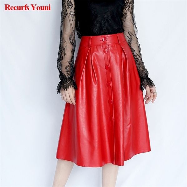 

ry9337 new women genuine leather retro long skirt femme high waist buckle folds large swing sheep leather jupe red faldas mujer t200324, Black