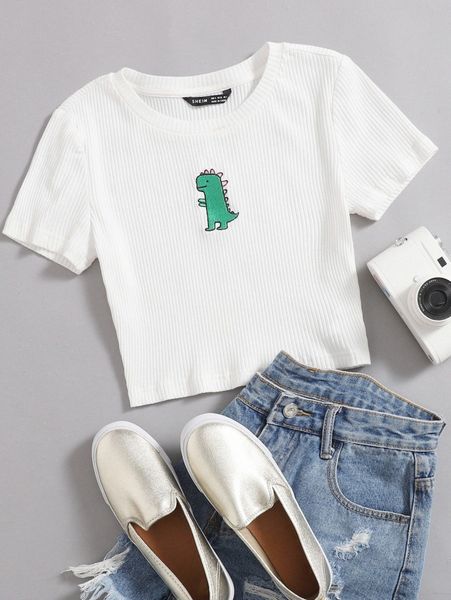 

cartoon embroidered rib-knit crop f2qc#, White