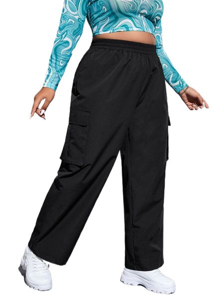 

plus flap pocket side cargo pants v9mk#, Black