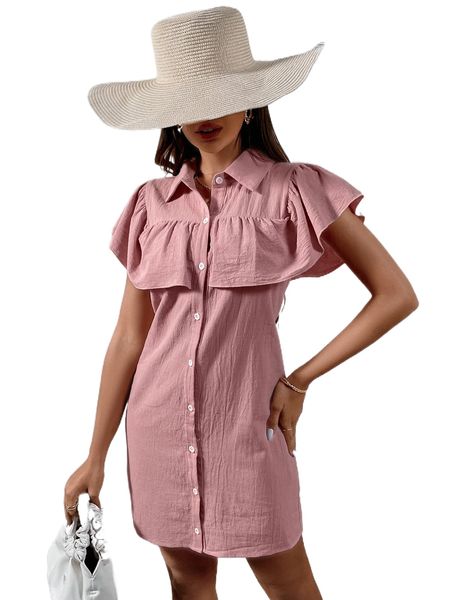 

ruffle trim butterfly sleeve shirt dress 35kb#, Black;gray