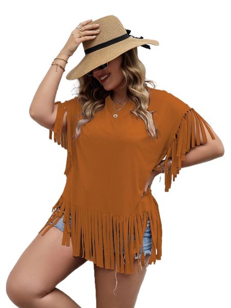

plus fringe hem solid tee m45v#, Black