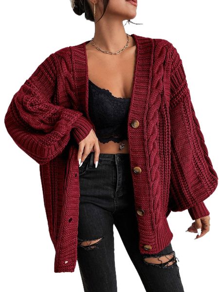 

solid button front cable knit cardigan l6xg#, White;black
