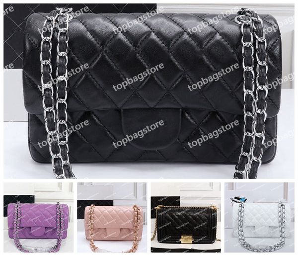 Bolsa de ombro Bolsa de grife Bolsa de grife com aba dupla Caviar de pele de cordeiro Bolsa de ombro prateada com corrente de ouro Bolsa de couro Moda Pochette Mulheres Bolsas de luxo