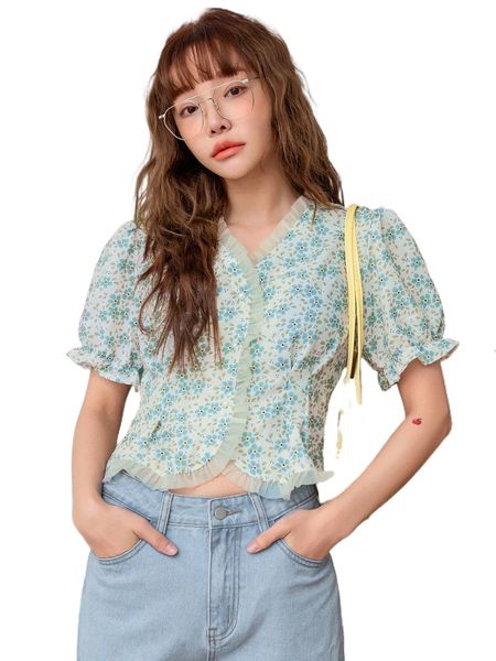 

dazy floral print frill trim button front blouse k8c8#, White