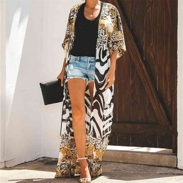 

bohemian printed long kimono cardigan chiffon blouse summer beachwear clothing plus size women shirts female n912 210326, White