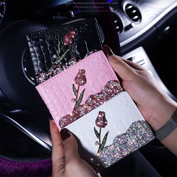 

1x crystal car driver license bag pu leather credit cards holder case driving documents card credit storage interior accessories