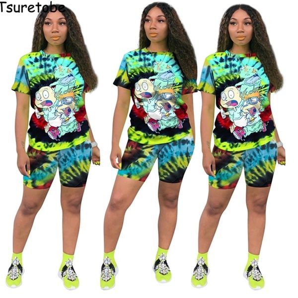 

tsuretobe plus size 2 piece sets womens outfits cartoon print summer sets and shorts sweet matching sets casual tracksuit t200622, Gray