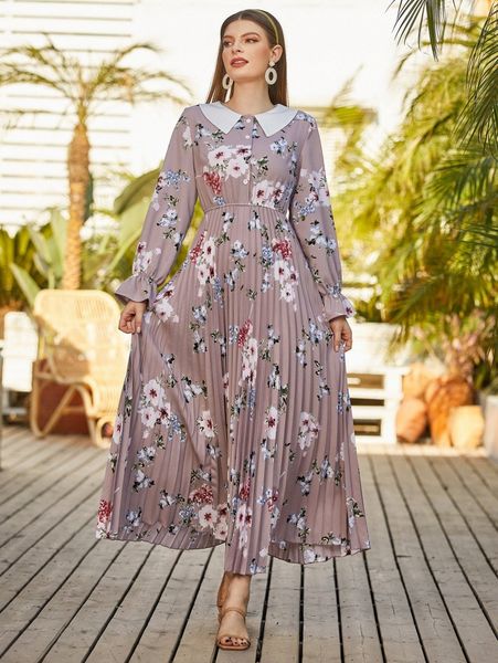 

floral print contrast collar flounce sleeve pleated hem dress c2eg#, Black;gray