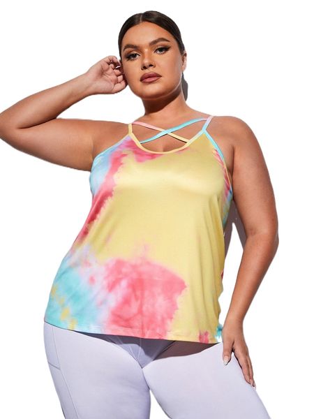 

plus tie dye crisscross front sports cami u669#, Black