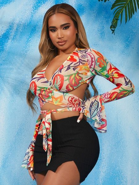

sxy floral print crisscross tie front d6no#, White