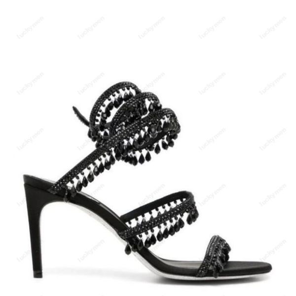 

rene caovilla 10cm stiletto high heel sandals crystal karung open toe snakelike twining rhinestone sandals women black cleo embellished sand