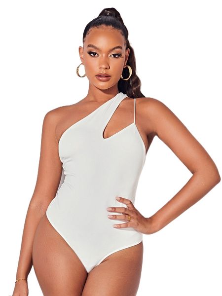 

bae one shoulder solid bodysuit w5ot#, White