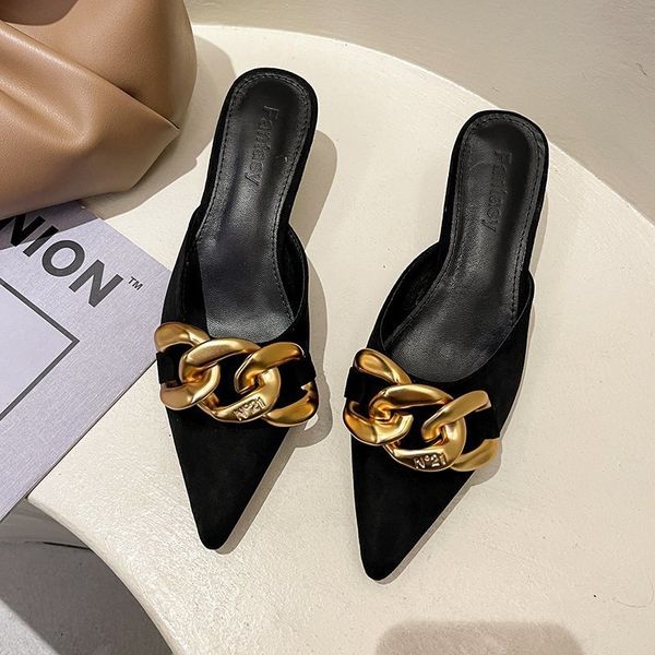 

2022 new elegant ladies summer flip-flops chain pointed toe slippers sandals ladies casual mules, Black