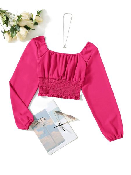 

solid ruched bust square neck shirred blouse j0kv#, White