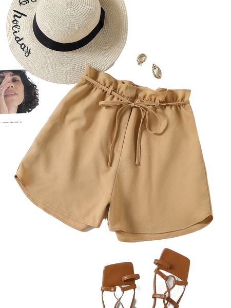 

paperbag waist self belted shorts b7o3#, White;black