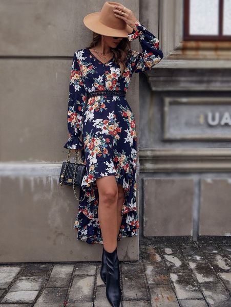 

floral print contrast lace high low hem dress y5nu#, Black;gray