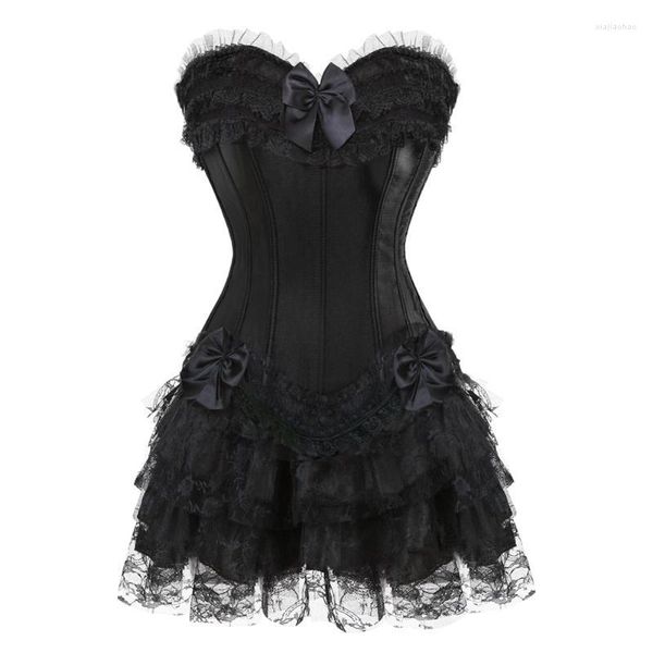 Bustini Corsetti Abito corsetto per donna Strisce sexy Overbust e minigonna Raso chic con lacci forti Bustini neri