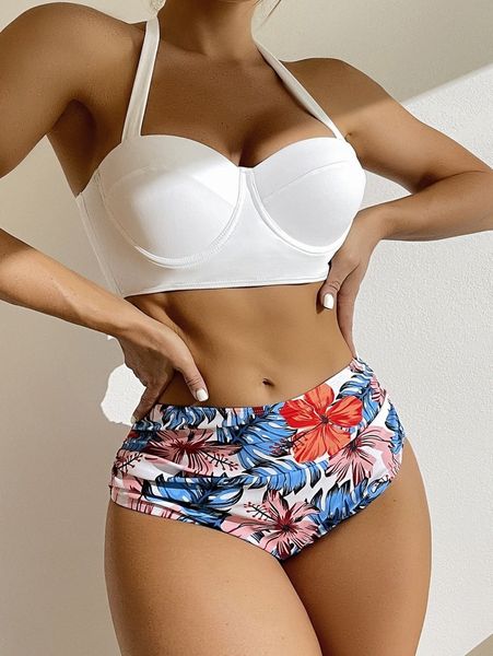 

tropical print ruched push up high waisted bikini swimsuit 58jb#, White;black