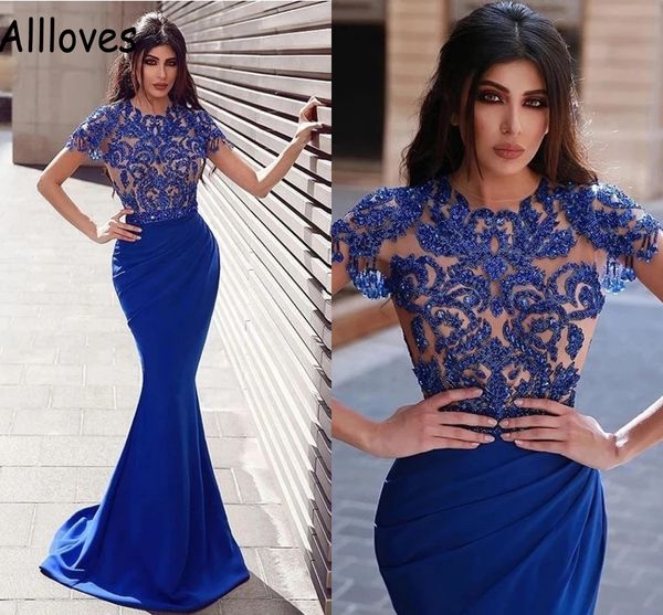 Abiti da ballo in pizzo con paillettes bling Abiti da sera in raso blu royal Abiti da sera maniche corte Sirena Sweep Train Elegante abito formale Arabo Aso Ebi Robe de Soiree CL0571