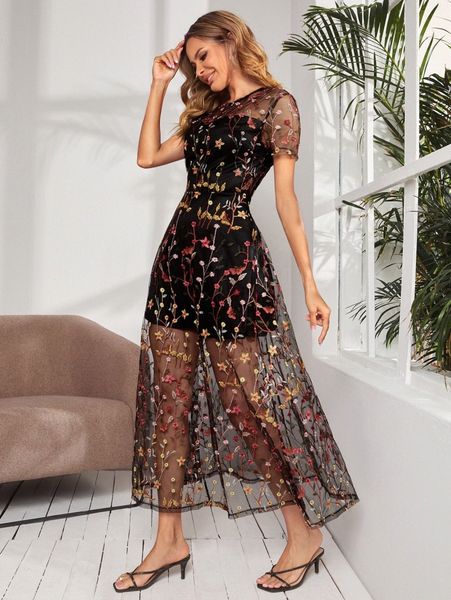 

butterfly & floral embroidery mesh dress l7vk#, Black;gray