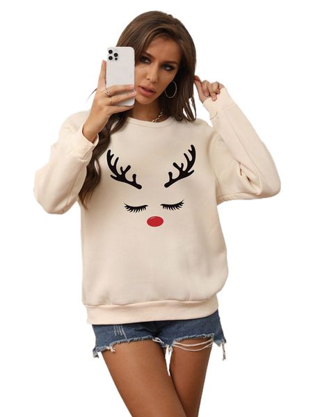 

christmas elk print drop shoulder pullover i4ym#, Black
