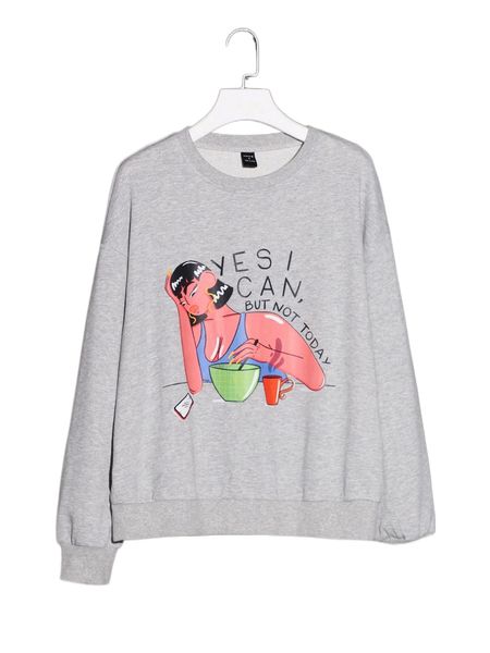 

x habitobeatriz drop shoulder slogan & figure graphic pullover h2tp#, Black