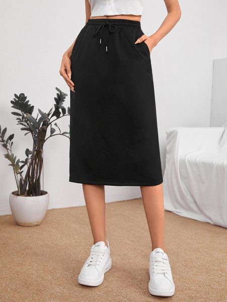 

petite split back drawstring waist skirt o4fg#, Black