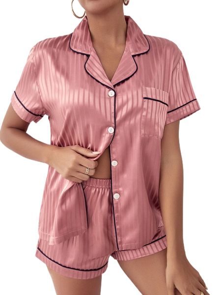 

striped button front satin pj set i9eg#, Black;red