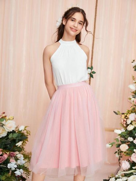 

teen girls halter & mesh overlay skirt she, White