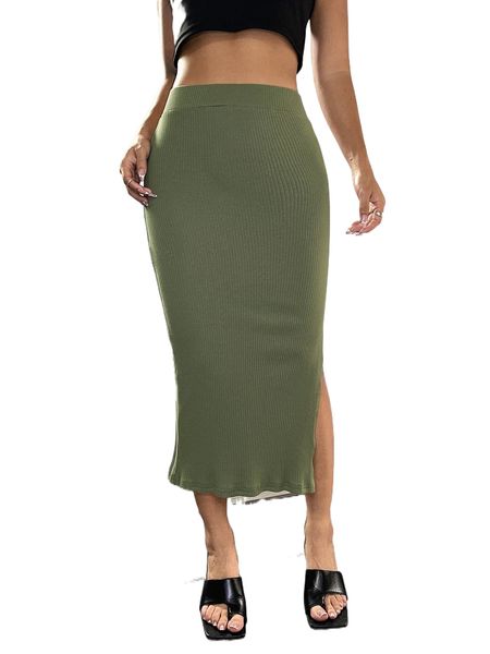 

ribbed knit split thigh skirt i952#, Black