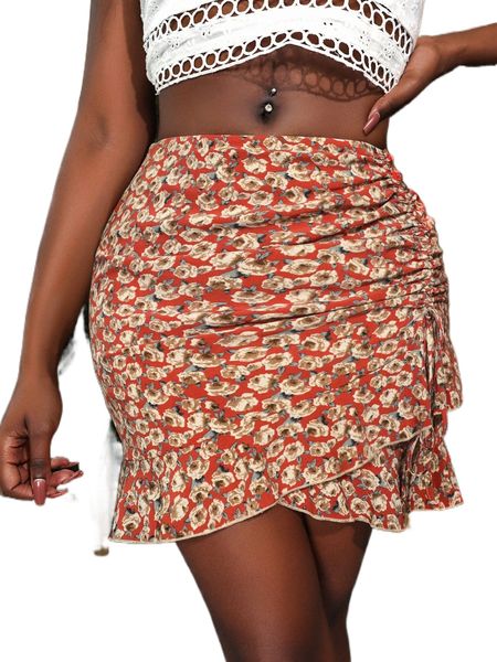 

sxy allover floral print drawstring ruffle trim skirt r5xb#, Black