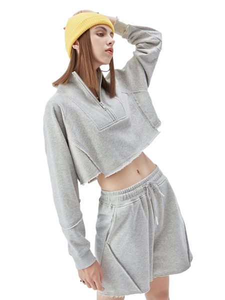 

half zip raw hem crop sweatshirt q3g6#, Black