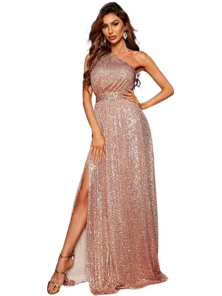 

missord one shoulder split thigh sequins dress b5z8#, Black;gray