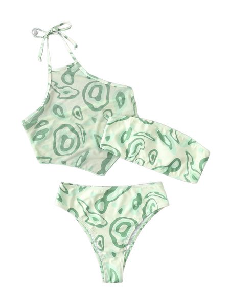 

allover print bandeau bikini swimsuit with cover up y8lp#, White;black