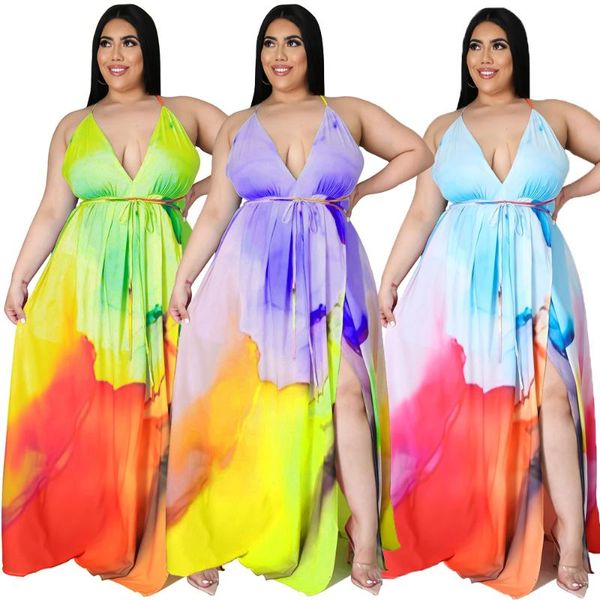 Plus Size Kleider Frauen Böhmisches Sexy Kleid Tiefer V-Kragen Hängender Halsgürtel Rückenfrei Split Gabel Lang 5xl Großhandel DropPlus