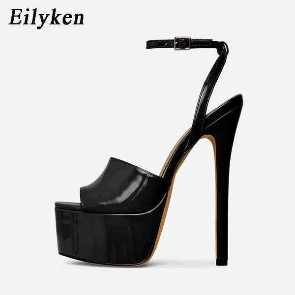 

nxy sandals new summer patent leather high heels platform women open toe buckle strap party prom super stilettos shoes, Black