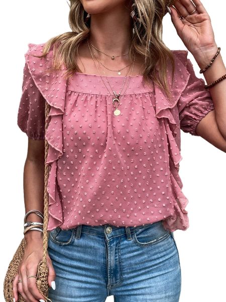 

swiss dot ruffle trim chiffon blouse b7jj#, White