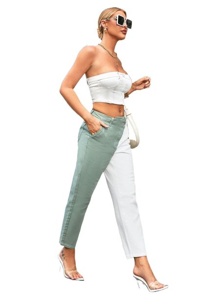 

two tone asymmetrical waist jeans 746v#, Blue