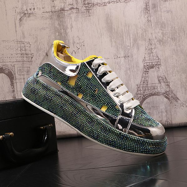 

luxury designer diamonds dress wedding shoes fashion lace up vulcanized casual sneakers round toe thick bottom non-slip business driving wal, Black