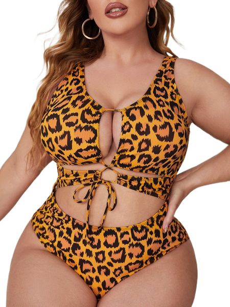 

plus leopard lace up front one piece swimsuit z6ug#, White;black