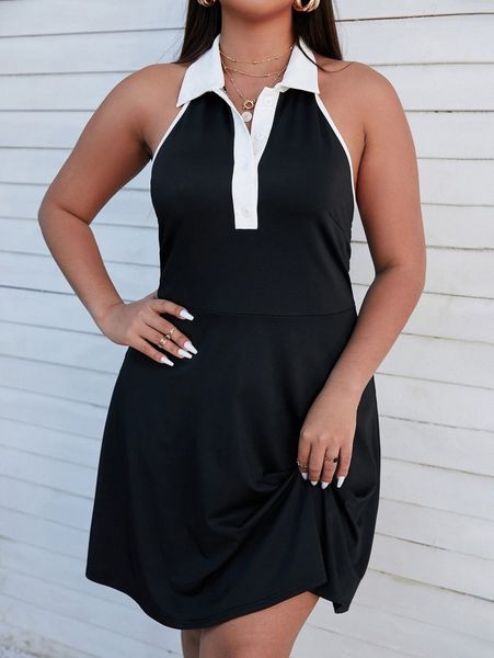 

plus contrast trim backless halter neck dress e8g6#, Black
