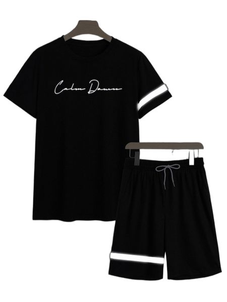 

men reflective letter graphic tee & shorts 56rw#, Gray