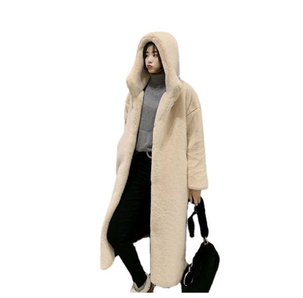 

winter women faux rabbit coat luxury long fur coat loose lapel overcoat thick warm plus size female plush coats, Black