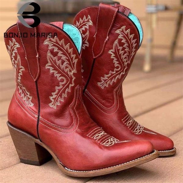 

bonjomarisa vintage femel embroidery pointed toe cowboy western chunky high heels slip on autumn boots for women 220722, Black