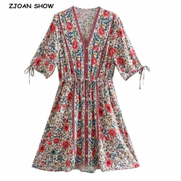 

bohemia contrast color floral print short summer boho dress holiday woman button v neck adjust waist short sleeve dresses beach 220511, Black;gray