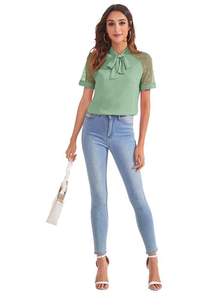 

tie neck dobby mesh raglan sleeve 81gj#, White
