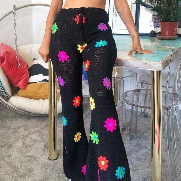 

women's pants & capris flower crochet net hollow out women wide leg summer long boho beach casual travel fashion comfy drawstring trous, Black;white