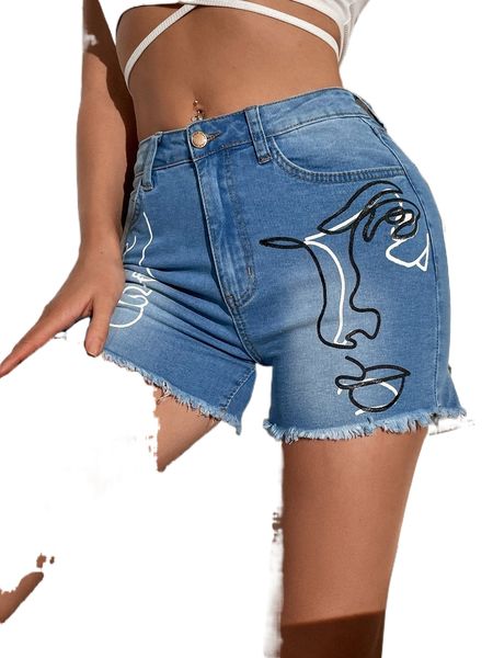 

figure graphic raw hem denim shorts x8cs#, White;black