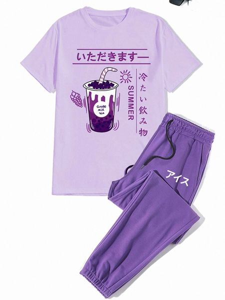 

men japanese letter & drink print tee & drawstring waist sweatpants d5kh#, Gray